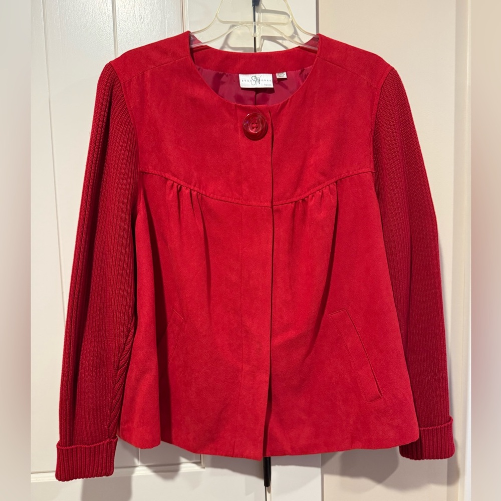 STUDIO WORKS 20W Vibrant Red Magnetic Closure Faux Suede Swing Jacket Pockets